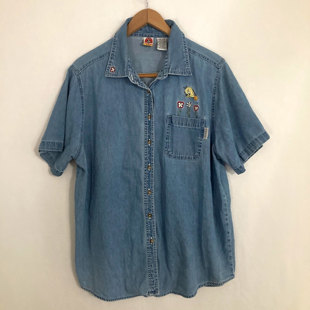 Looney Tunes Tweety Shirt Womens 18W/20W Chambray Denim Embroidered Flowers